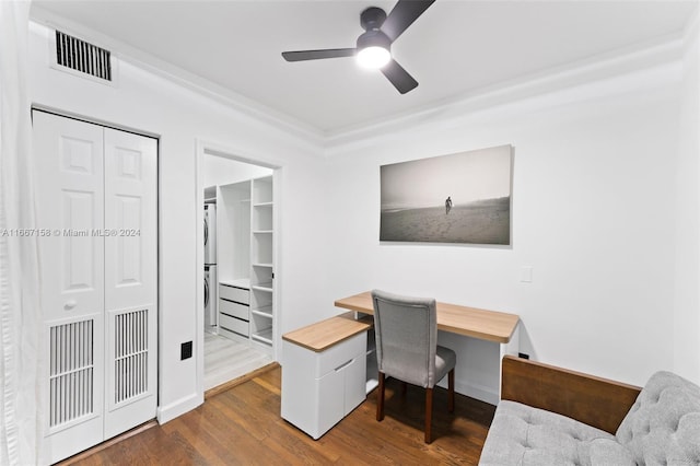 office space with dark hardwood / wood-style floors and ceiling fan