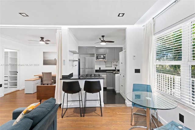 kitchen featuring gray cabinetry, ceiling fan, stainless steel appliances, and light hardwood / wood-style flooring