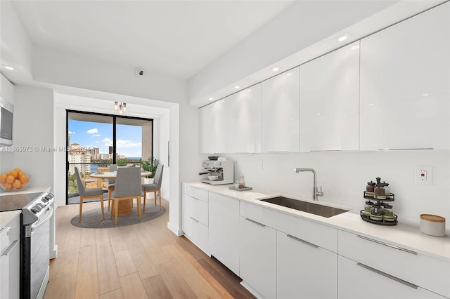 kitchen with white cabinets, light hardwood / wood-style floors, sink, and stainless steel electric range