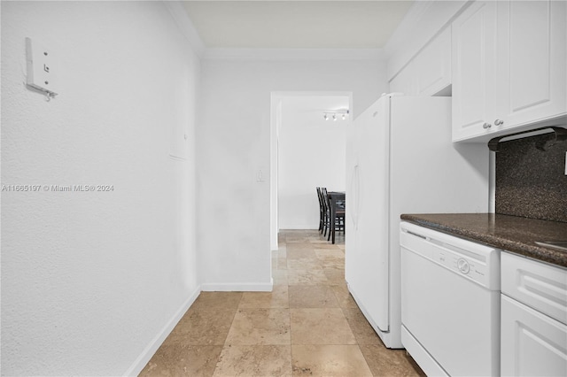 kitchen featuring ornamental molding, backsplash, white cabinetry, and white dishwasher