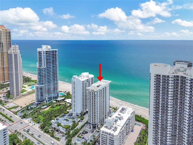 drone / aerial view with a water view and a beach view