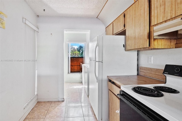 kitchen with ventilation hood, a textured ceiling, white range with electric cooktop, and light tile patterned floors