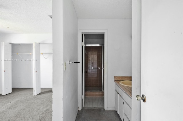 bathroom with vanity, a textured ceiling, and an enclosed shower