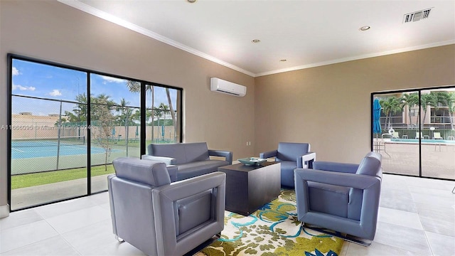 living room with light tile patterned flooring, crown molding, and a wall unit AC