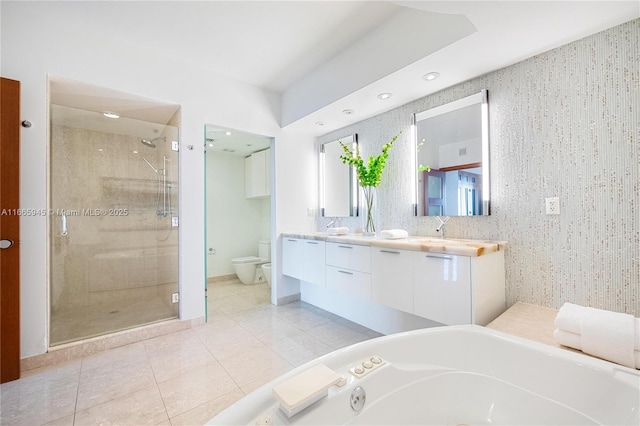 full bathroom with vanity, tile patterned flooring, plus walk in shower, and toilet