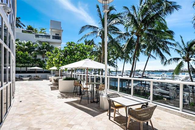 view of patio / terrace with a water view and an outdoor bar