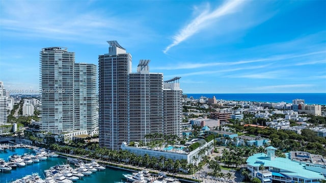 drone / aerial view featuring a water view