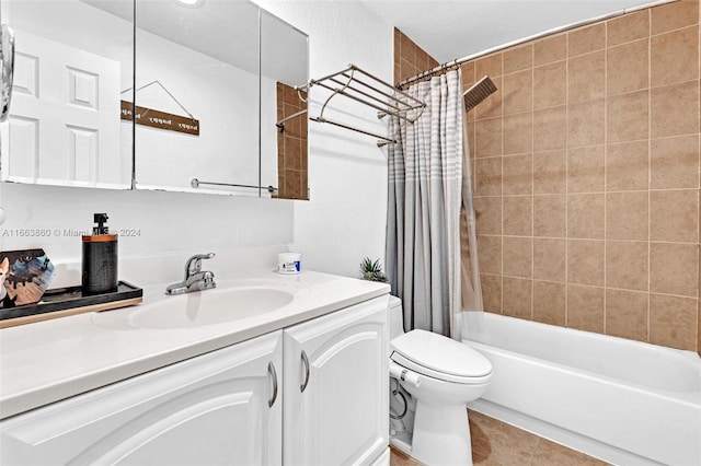 full bathroom with vanity, toilet, and shower / bathtub combination with curtain