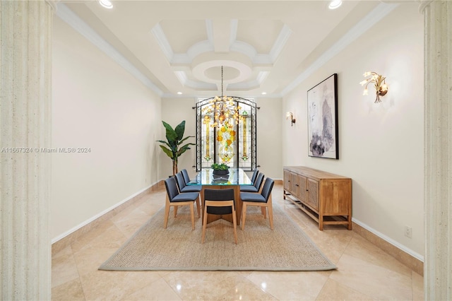 dining space with a chandelier and crown molding