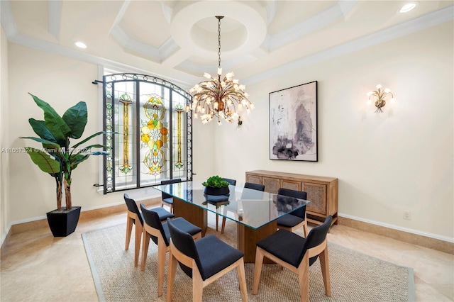 dining space featuring coffered ceiling, a notable chandelier, crown molding, and light tile patterned flooring