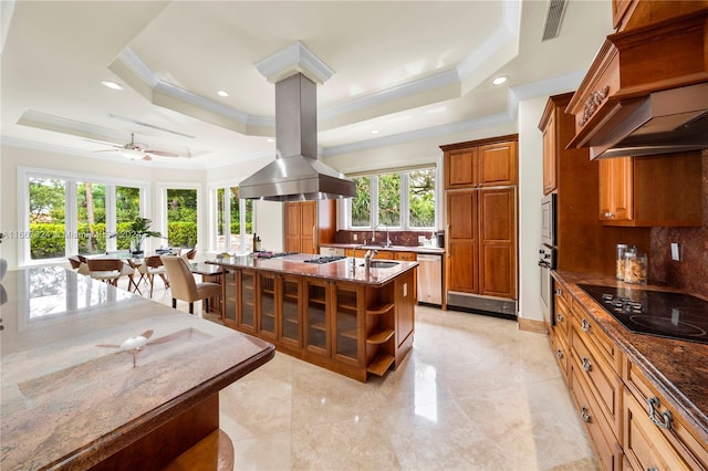 kitchen with an island with sink, a raised ceiling, tasteful backsplash, stainless steel appliances, and dark stone countertops