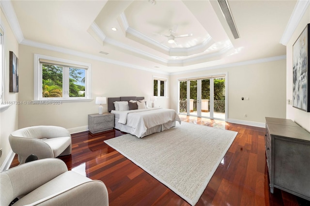 bedroom with ceiling fan, multiple windows, access to outside, and dark wood-type flooring