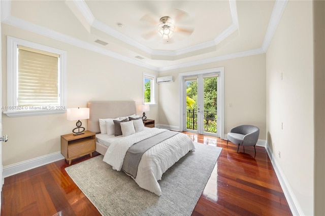 bedroom with access to exterior, an AC wall unit, dark hardwood / wood-style flooring, ornamental molding, and ceiling fan