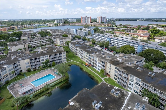 bird's eye view with a water view