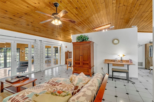 tiled living room featuring french doors, wood ceiling, vaulted ceiling, and ceiling fan