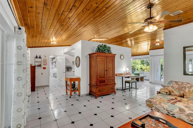 living room with wood ceiling, lofted ceiling, and ceiling fan