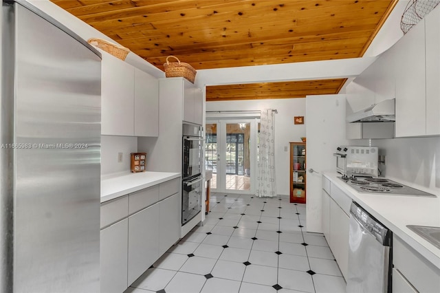 kitchen with french doors, white cabinets, stainless steel appliances, and wooden ceiling