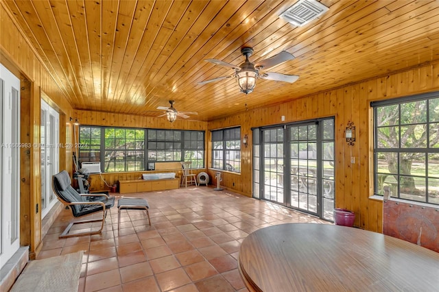 sunroom / solarium with ceiling fan, wooden ceiling, and a healthy amount of sunlight