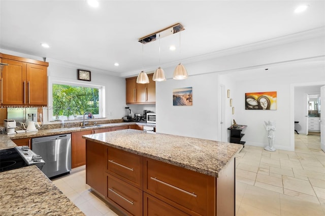 kitchen featuring light stone counters, pendant lighting, dishwasher, a center island, and crown molding