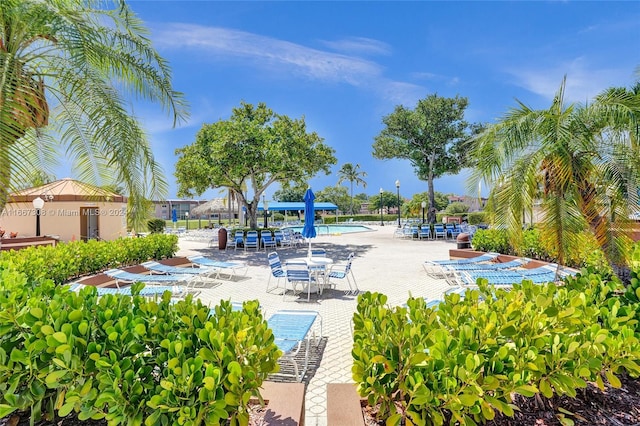 surrounding community featuring a swimming pool and a patio area