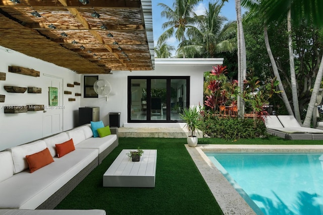 exterior space featuring an outdoor living space and a pergola