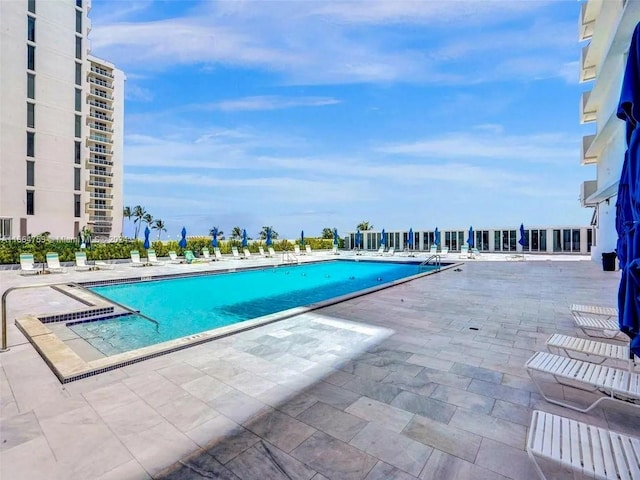 view of swimming pool featuring a patio