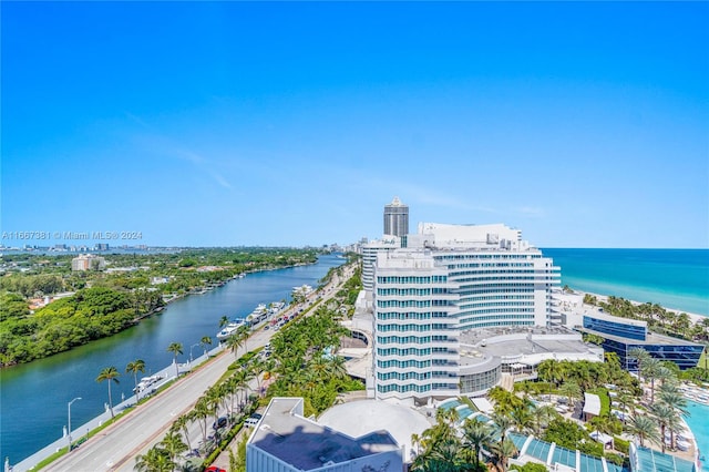 drone / aerial view with a water view