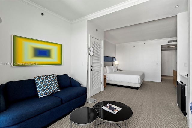 carpeted bedroom featuring ornamental molding