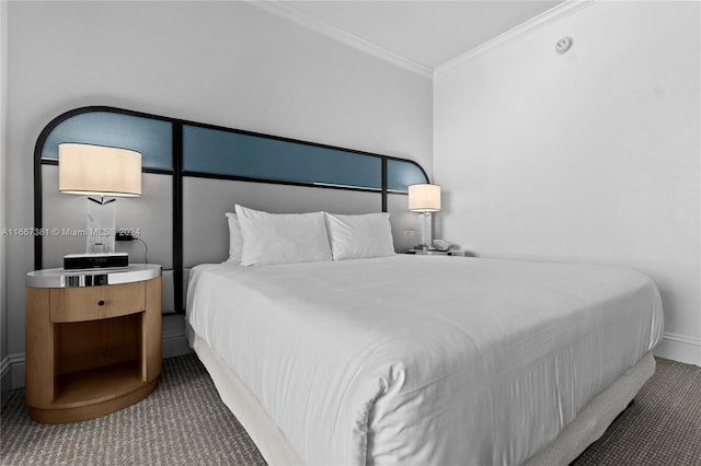 carpeted bedroom featuring ornamental molding