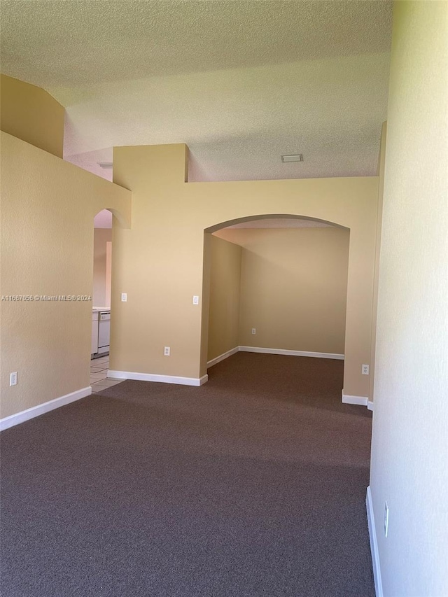 spare room with a textured ceiling, carpet, and vaulted ceiling