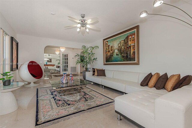 living room featuring ceiling fan