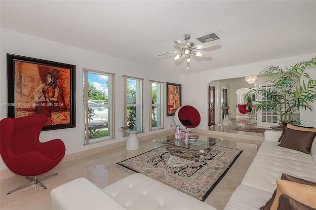 living room with ceiling fan