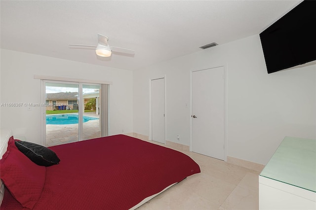 bedroom with ceiling fan and access to exterior