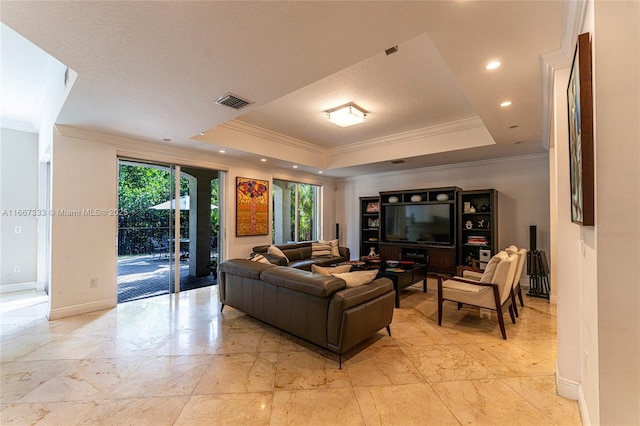 living room featuring a tray ceiling and crown molding