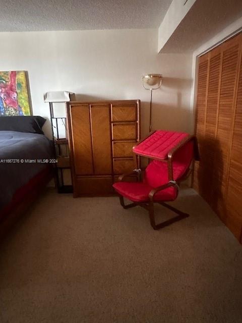 carpeted bedroom featuring a textured ceiling and a closet