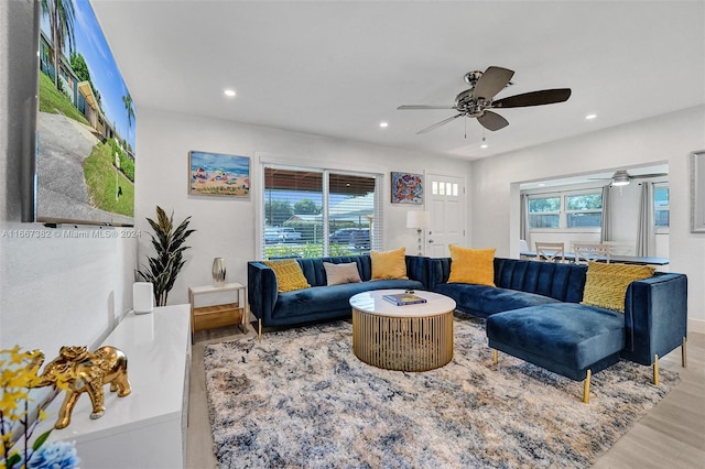 living room with ceiling fan and wood-type flooring