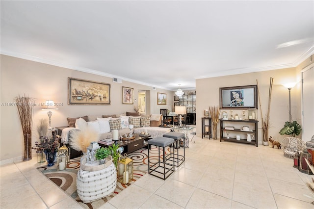 tiled living room with ornamental molding