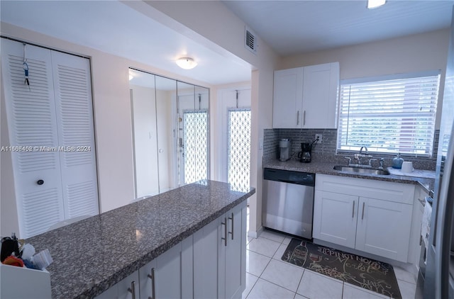 kitchen featuring dark stone countertops, white cabinetry, backsplash, stainless steel dishwasher, and sink