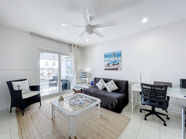 tiled living room with ceiling fan