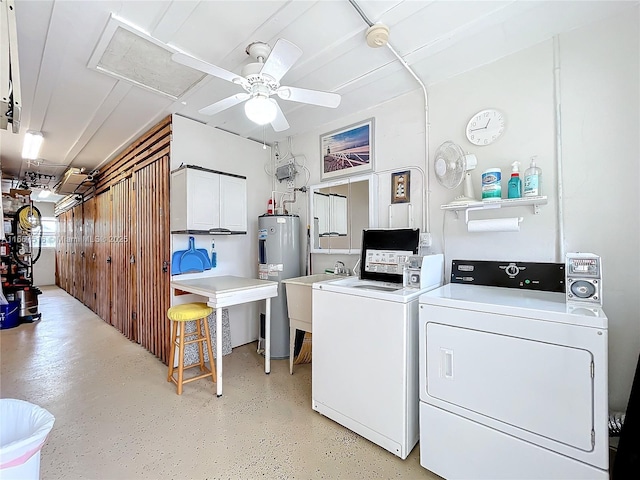 washroom with separate washer and dryer, water heater, sink, and ceiling fan