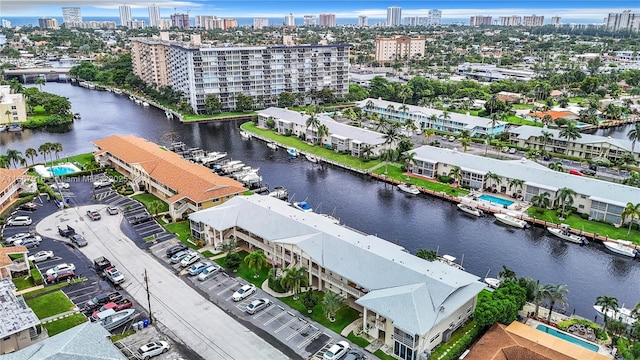 bird's eye view with a water view