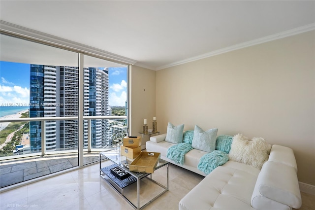 tiled living room with ornamental molding, floor to ceiling windows, and a water view