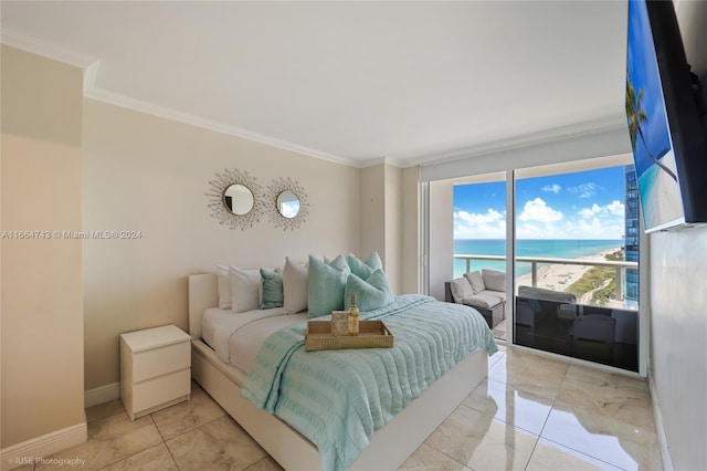 tiled bedroom with baseboards, access to outside, and ornamental molding