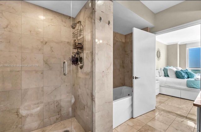 ensuite bathroom with a tile shower, a washtub, marble finish floor, and connected bathroom