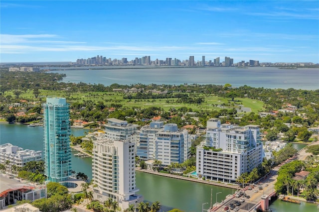 drone / aerial view with a city view and a water view