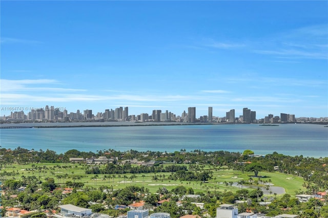 birds eye view of property with a city view, view of golf course, and a water view