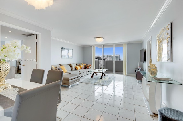 tiled living room with crown molding