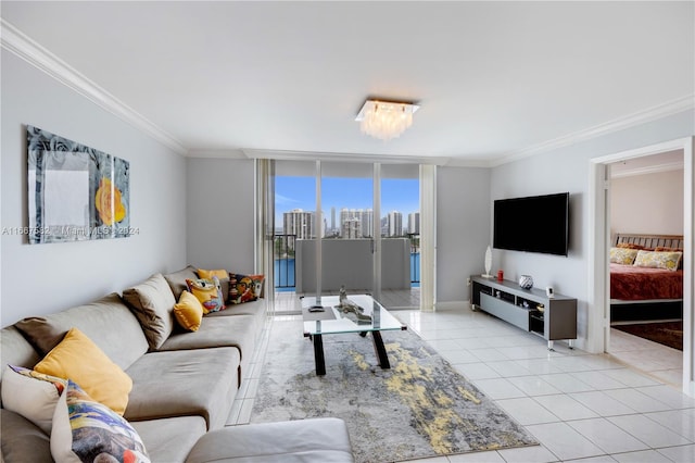 tiled living room with a wall of windows and crown molding