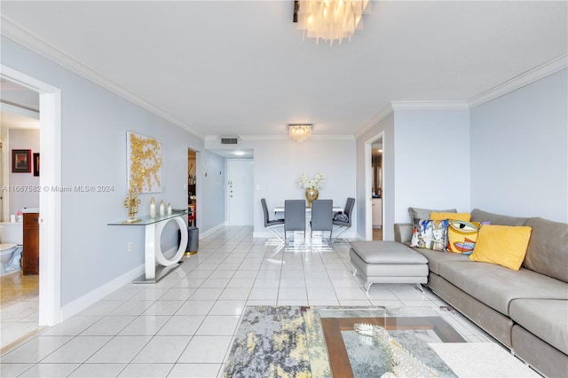 tiled living room with ornamental molding