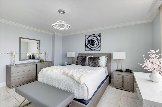 bedroom featuring crown molding and a notable chandelier